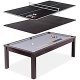 GoSports 8 ft 3 in 1 Pool, Dining, & Table Tennis Combo Table and Storage Benches - Convertible Billiards with Game Accessories - Dark Oak