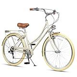 AVASTA 26 Inch Hybrid Bike, Lightweight Step-Through Hi-Ten Steel Frame for City Commuting, 6 Speed Comfort Bicycle with Light in Elegant Beige with Stylish Beige Tires for Woman Female