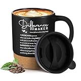 Jingmore 1 Pcs Employee Appreciation Gift Thank You Coffee Mug 13.5oz Ceramic Difference Maker Coffee Cups with Lid Cork Bottom for Coworker Social Worker Volunteer Nurse Teacher Grad (Black)