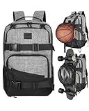 WOLT Skateboard Backpack, 15.6 Inch Laptop Backpack for Men Women, Sports Backpack with Ball Holder for Longboard Basketball Soccer, Grey