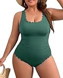 Charmo Plus Size Tummy Control Swimsuit One Piece Scallop Trim Ribbed Ruched Full Coverage Bathing Suits for Curvy Women Army Green 1X