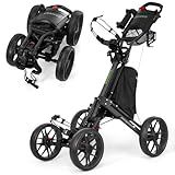 EASEGO Golf Push Cart 4 Wheel : Golf Walking Carts with Phone Holder/Cup Holder/Umbrella Holder/Foot Brake/Cooler Basket 4 Wheel Superlite Golf Pull Cart All-Terrain Golf Caddy Carts(Black)