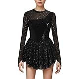 AFAVOM Sequin Figure Skating Dress for Women Girls Long Sleeve Mesh Rhinestone Ice Skating Dress Glitter Asymmetrical Chiffon Skirt Shiny Ballet Lyrical Costume for Competition Performance Black XS