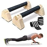 Parallettes Bars, Wooden Push Up Bars with Wrist Wraps for Men & Women, Handstand Training Bars for Home Gym, Non-Slip Calisthenics Equipment, 440lbs Durable Floor Push Up Handles (30cm)