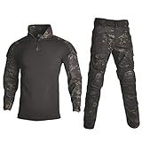 Mens Combat Suits Military Uniforms Army BDU Tactical Sets Shirts and Pants Comfortable Soft Breathable Quick Dry Snug Fitting Work Training Airsoft Paintball Apparel Gear,Black Camo US S,CN L