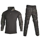 HARGLESMAN Men's Tactical Airsoft Long Sleeve BDU Uniform Set Shirts Snug Fitting Top Shirt Practical Painting Ball Comfortable Breathable Soft Work Hiking Fishing Hunting Outdoor Suits Black Camo XL