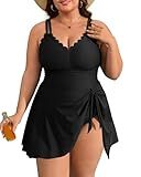 Charmo Plus Size Swimsuit for Women Swim Dress Scalloped One Piece Tummy Control Bathing Suit Ruched Swim Suits 2025 Black 2X