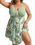 Hanna Nikole 2026 Women's Plus Size V Neck One Piece Skirt Swimsuit Ruched Retro Swimdress Bathing Suit Green Leaves 4XL