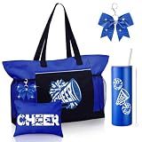 Patelai 4 Pcs Cheerleader Gifts Set Cheer Tote Bag 20 oz Tumbler Women Makeup Bag Keychain Stuff Accessories for Cheerleader(Blue,Cheer Bow)