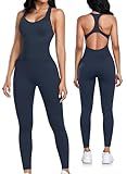 OLCHEE Womens Workout Jumpsuits Seamless Yoga Gym Bodycon Rompers Sexy Racerback Tummy Control Padded Bra Unitard - Navy Small