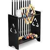 EXTCCT Pool Stick Holder Floor Stand- Billiards Pool Cue Rack Oak Solid Wooden Holds 9 Cues and Pool Table Accessories Organizer with Chalk Cone Holder for Game Room Club or Men Cave