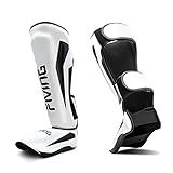 FIVING Martial Arts Shin Guards Padded, Adjustable Muay Thai Leg Guards with Instep Protection for Kickboxing Training and Sparring Durable, Professional MMA Equipment (White, Medium)
