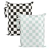 Tiny Twinkle Mess-proof Waterproof Wet Dry Bag | 2 Pack Reusable for Swimsuits, Gym & Baby Clothes | Leakproof Wet Clothes Bag, Beach Travel Essentials (Black, Green Checkers)