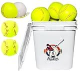 Poosue Bucket of 13 Practice Softballs, Official Size and Weight Slowpitch Softball Unmarked Leather Covered Youth Fastpitch Ball Sports Ball for Games, Practice and Training, Yellow