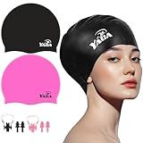 Swim Cap for Women Men, 2 Pack Silicone Adult Swimming Cap for Long Short Hair, Durable Waterproof Swim Caps to Keep Hair Dry, Elastic Tear-Proof Swim Hats Bathing Caps with Ear Plug and Nose Clip