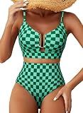 Herseas Women's High Waisted U Wire Two Piece Bikini Sets Green Checkered L