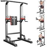 Power Tower Dip Station Pull Up Bar for Fitness Home Gym Workout,Multi-Function Adjustable Height Fitness Strength Training Exercise Equipment,with Power Elastic Ropes,Black Red-02