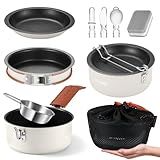 Odoland 10pcs Camping Cookware Non-Stick Camping Pot and Pan Set with Plate Bowl Fork Knife Spoon for Backpacking, Hiking, Outdoor Cooking and Picnic