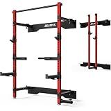 JELENS FS01 Folding Squat Rack, Wall Mounted Power Rack for Home Gym, Space Saving Multi-Functional Power Cage with More Attachments (Red, FS01 Squat Rack)