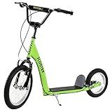 Aosom Youth Scooter Kick Scooter for Kids 5+ with Adjustable Handlebar 16" Front and 12" Rear Dual Brakes Inflatable Wheels, Green
