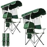 Romswi Folding Canopy Beach Camping Chairs for Adult 2 Pack, Portable Outdoor Chairs with Sunshade,Cup Holder & Side Pocket for Camping, Fishing, Beach, Backyard, Green
