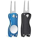 Mile High Life 2-Piece Golf Divot Repair Tool w/ Magnetic Ball Marker | All-Metal Foldable Tool w/ Pop-Up Button | Club Holder | Men's Golf Accessories (Black, Blue)