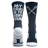 ChalkTalkSPORTS Lacrosse Performance Crew Socks - My Goal Is To Deny Yours - Navy - Lacrosse Mid-Calf Socks - Adult