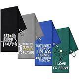 VitalCozy 4 Pcs Tennis Towel 16 x 24 Inch Funny Embroidered Sweat Towel with Carabiner Clip Hand Towels Tennis Gift for Women Men Team Sports Players Gym Court Accessories(Classic Style)