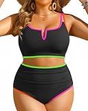 Yonique Women Plus Size High Waisted Bikini - Ribbed Two Piece Swimsuit Tummy Control Bathing Suit V-Wired 2025 Swimwear Colorful Black 20W
