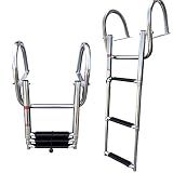 Pontoon Boat Ladder, Stainless Steel 3 Step Telescoping Boat Boarding Ladder with Wide Steps, Folding Boat Swim Ladder,Dock Ladder with Hand Railings Heavy Duty