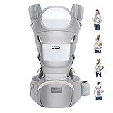 KIYUMI Baby Carrier with Hip Seat, 6- in-1 Baby Carrier Newborn to Toddler, Ergonomic M Position, Head Support and Breathable Mesh,Adjustable Removable Baby Sling Carrier (7-45 lbs), Grey