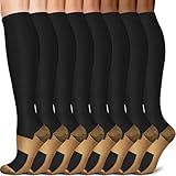 Sooverki Copper Compression Socks for Men & Women 8 Pack 15-20mmHg - Knee High Stockings Best Support for Running Athletic Work Travel Black Wide Calf Nylon plain gifts medias