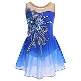 Figure Skating Dress for Girls Sequin Flower Mesh Ice Skating Dress Ballet Dance Leotard Dress Chiffon Skirted Ballerina Dancewear for Competition Stage Performance Costume Royal Blue 11-12 Years