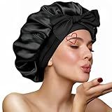 VECIIR Silk Bonnet for Sleeping Women, Ajustable Hair Bonnet for Curly Hairs Satin Bonnet Reduce Friction Prevent Frizz Black，Large