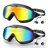 VegoVia 2 Pack Goggles Swimming Adult Men Women, Anti-Fog Pool Water Swim Goggles 180° Wide View UV Protection No Leaking Silicone Swim Glasses Attached Earplugs for Youth Beach Open Water Beach