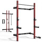 Mikolo 2" x 2" Folding Wall Mounted Squat Rack, 1000 Pounds Capacity Power Rack with Safety Catches, Pull Up Bar, J Hooks and Landmine Attachment, Space-Saving Home Gym(Red