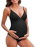 CUPSHE Maternity Swimsuit for Women One Piece Swimsuits Pregnancy Swimwear Spaghetti Straps Ruched Adjustable,M Black
