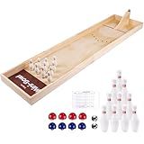 Extguds Wooden Mini Bowling Game Set 2-in-1 with Tabletop Bowling& Curling – Includes Reset Aid Board Tool & Anti-Splash Guard – Handcrafted Wooden Desktop Game for Family Office Party Fun