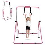 YEEGO DIRECT Gymnastics Bar for Kids, Adjustable Horizontal Bar with 5 Heights, Folding Kip Bar for Home Use, 140lbs Capacity, Training Bar with Gymnastics Rings for Children 3-9 Years (Pink & Silver)