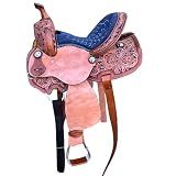 RESISTANCE Western Kids Horse Barrel Saddle for Horse Riding, Western Youth Child Genuine Leather Saddle Floral Tooled Trail Saddle with Silver Conchos (Navy, 12")