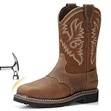 HISEA NINGO Steel Toe Work Boots for Men, Waterproof Slip on Square Toe Western Cowboy Boots, Comfortable Pull on Safety Work Shoes for Construction Industrial Working Welding Riding, Brown