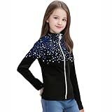 JoyCan Girl's Black Ice Skating Training Jacket with Blue Rhinestones and Plush Stylish and Warm Skating Training Clothes