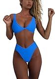 geluboao Blue V Cut High Waisted Bikini Sets for Women Solid Padded Push Up Swimsuit Cheeky High Leg Two Piece Bathing Suit M