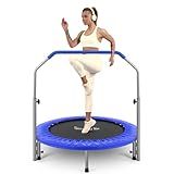 SereneLife 40" Foldable Mini Trampoline - Compact Fitness Trampoline for Kids Adults, Exercise Rebounder with Adjustable Foam Handle, Indoor/Garden Workout Equipment, Max Load 220 lbs, Deep Blue