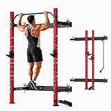 MU 2" x 2" Folding Squat Rack, 1100LBS Wall Mounted Power Rack with Adjustable Pull Up Bar, J Hooks, Landmine, Foldable Squat Rack for Home Gym, Garage, Training Studios (Black and Red)