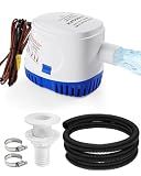 12V Automatic Boat Bilge Pump Kit, 1100GPH DC Marine Pump w/Float Switch, 1-1/8" Outlet, Marine-Grade Hose & Thru-Hull Fitting, Submersible Water Removal Pump for Fishing Boat, Jet ski & Jon Boat