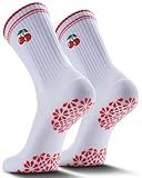 SITOISBE Pilates Grip Socks for Women - Embroidery Athletic Crew, Non-Skid Sticky Soles for Yoga, Barre, Workout & Hospital, Large, 2 Pack-Red Cherry