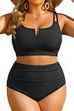 Women Plus Size High Waisted Bikini Ribbed Two Piece Tummy Control Swimsuit