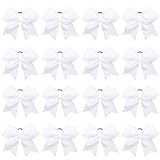 16PCS 8" Large Cheer Hair Bows Ponytail Holder Elastic Band Handmade for Cheerleading Teen Girls College Sports (White, 1 Count (Pack of 16))