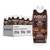 Evolve Plant Based Protein Shake, Double Chocolate, 20g Vegan Protein, Dairy Free, No Artificial Sweeteners, Non-GMO, 10g Fiber, 11 Fl Oz (Pack of 12) - (Formula May Vary)